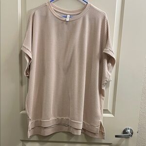 Beige Ribbed Short Sleeve Top